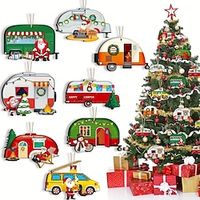 24pcs Happy Camper Christmas Ornaments Caravan Wooden Christmas Tree Decoration Vintage Santa Claus RV Trailer Hanging Ornaments For Holiday Home Party Crafts Scene Decor Room Decor Home Decor Window Decor Pendant Holiday Party Decor (With Rope) miniinthe