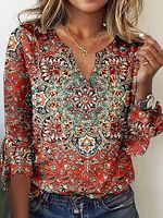 Casual V-Neck Printed Flared Sleeve T-Shirt