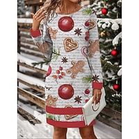 Women's Christmas Dress Winter Dress Graphic Print Crew Neck Mini Dress Fashion Streetwear Outdoor Christmas Long Sleeve Loose Fit White Fall Winter S M L XL XXL Lightinthebox - thumbnail
