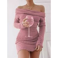 Women's Sweater Dress Jumper Dress Winter Dress Mini Dress Fashion Plain Outdoor Daily Vacation Going out Off Shoulder Long Sleeve 2023 Slim Pink Brown S M L XL XXL 3XL 4XL 5XL Lightinthebox - thumbnail
