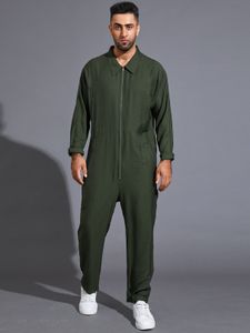 Men Casual Long Sleeve Zip Front Overalls Jumpsuit