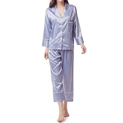 Women's Satin Silk Pajamas Sets Pure Color Fashion Casual Comfort Home Daily Bed Satin Comfort Breathable Lapel Long Sleeve Shirt Pant Pocket Fall Winter claret Gray Brown Lightinthebox