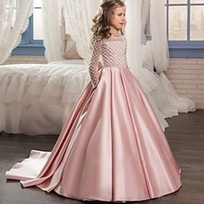 Kids Girls' Dress Plain Swing Dress Wedding Special Occasion Beaded Ruched Lace White Pink Lace Maxi Long Sleeve Princess Cute Dresses Fall Winter Slim 1 PC 3-10 Years miniinthebox