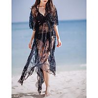 Women's Maxi long Dress White Black Half-Sleeve Black Solid Colored Lace Summer Deep V Holiday Beach Lace One-Size / Cotton / Cotton miniinthebox - thumbnail
