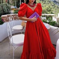 Women's Party Dress Swing Dress Maxi long Dress Black Light Red Red Short Sleeve Pure Color Ruched Ruffle Patchwork Fall Winter V Neck Fashion Modern 2022 S M L XL Lightinthebox - thumbnail