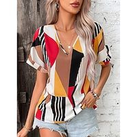 Women's T shirt Tee Geometric Casual Daily Brown Print Short Sleeve Fashion V Neck Regular Fit Summer Lightinthebox