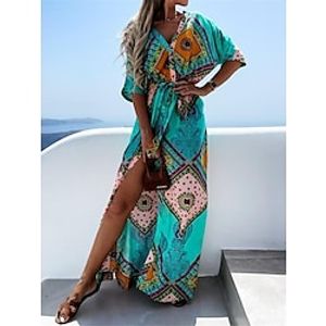 Women's Long Dress Maxi Dress Casual Dress Boho Dress Graphic Tribal Boho Casual Date Going out Beach Split Print Half Sleeve V Neck Dress Regular Fit Sky Blue Gold Winter Fall S M L XL XXL Lightinthebox