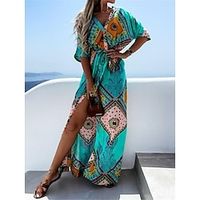 Women's Long Dress Maxi Dress Casual Dress Boho Dress Graphic Tribal Boho Casual Date Going out Beach Split Print Half Sleeve V Neck Dress Regular Fit Sky Blue Gold Winter Fall S M L XL XXL Lightinthebox - thumbnail