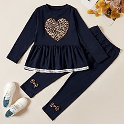 Kids Girls' Clothing Set 2 Pieces Long Sleeve Pink Black Graphic Heart Leopard Ruched Bow Print Indoor Outdoor Cute Sweet Regular 3-8 Years miniinthebox