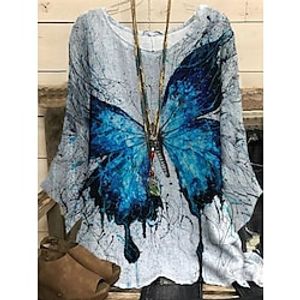 Women's Plus Size Tops Blouse Shirt Animal Butterfly Print Long Sleeve Crewneck Casual Daily Vacation Polyester Fall Winter Blue Royal Blue Lightinthebox