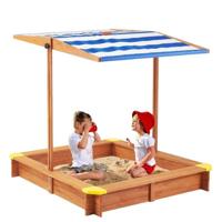 Megastar Kids Wooden Sandpit With Adjustable Canopy For Backyard Play Sandbox With Cover 117X117 Cm