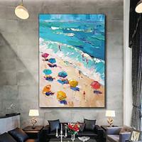 Abstract Blue Seascape Painting hand painted l Beach Oil Painting On Canvas Waves and Golden Beach Painting for Living Room Wall Art large wall art Lightinthebox