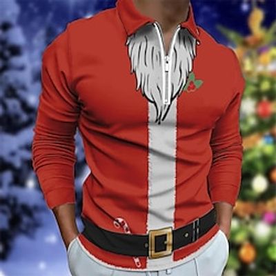 Santa Claus Christmas Casual Men's Print Zip Polo Daily Wear Vacation Weekend Christmas Polyester Taffeta Long Sleeve Turndown Polo Shirts Red Spring   Fall S M L Micro-elastic Lapel Polo Lightinthebox