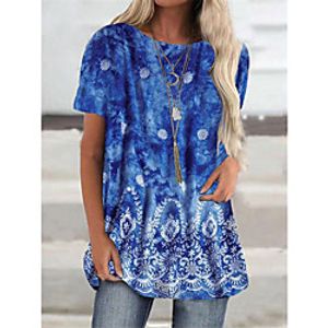 Women's T Shirt Dress Tee Dress Short Mini Dress Blue Half Sleeve Floral Print Fall Summer Round Neck Casual 2021 S M L XL XXL 3XL Lightinthebox