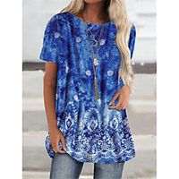 Women's T Shirt Dress Tee Dress Short Mini Dress Blue Half Sleeve Floral Print Fall Summer Round Neck Casual 2021 S M L XL XXL 3XL Lightinthebox - thumbnail