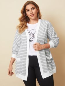 YOINS Plus Size Striped Side Pockets Long Sleeves Cardigan