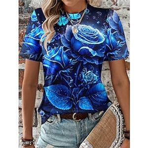 Women's T shirt Tee Rose Navy Blue Royal Blue Blue Print Short Sleeve Daily Weekend Fashion Round Neck Regular Fit Summer Lightinthebox