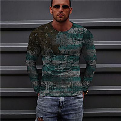 Men's Unisex T shirt 3D Print Graphic Prints Flag Crew Neck Daily Holiday Print Long Sleeve Tops Casual Designer Big and Tall Blue Lightinthebox