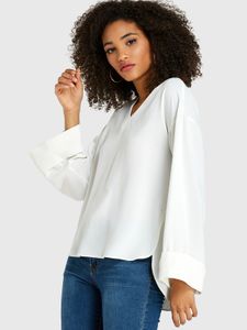 YOINS BASICS White Slit Design V-neck Long Sleeves Blouse