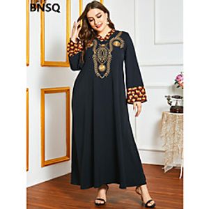 Women's Swing Dress Maxi long Dress Black Long Sleeve Print Patchwork Print Fall Round Neck Casual Loose 2021 M L XL XXL 3XL 4XL / Plus Size miniinthebox