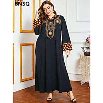 Women's Swing Dress Maxi long Dress Black Long Sleeve Print Patchwork Print Fall Round Neck Casual Loose 2021 M L XL XXL 3XL 4XL / Plus Size miniinthebox