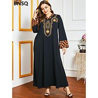Women's Swing Dress Maxi long Dress Black Long Sleeve Print Patchwork Print Fall Round Neck Casual Loose 2021 M L XL XXL 3XL 4XL / Plus Size miniinthebox - thumbnail