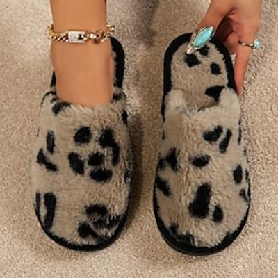 Women's Slippers Fuzzy Slippers Fluffy Slippers House Slippers Warm Slippers Home Daily Leopard Rhinestone Flat Heel Open Toe Fashion Plush Casual Faux Fur Loafer Black Khaki Lightinthebox