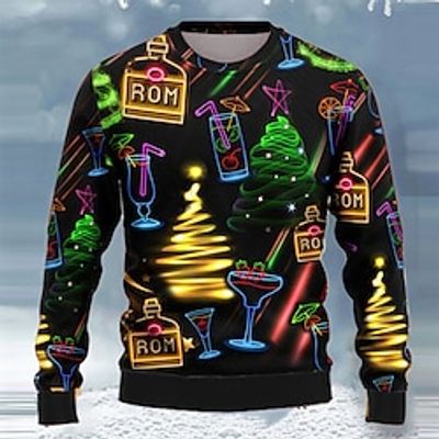 Wine Glass Casual Men's Print Knitting Ugly Christmas Sweater Pullover Sweater Jumper Knitwear Outdoor Daily Vacation Christmas Long Sleeve Crewneck Sweaters Black Fall Winter S M L Sweaters Lightinthebox