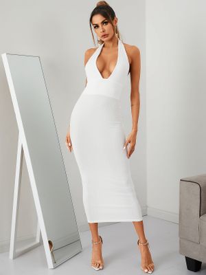 Backless Ribbed Knit Deep V Neck Sleeveless Dress Backless Ribbed Knit Deep V Neck Sleeveless Dress