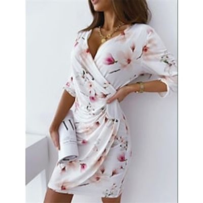 Women's Bodycon Short Mini Dress White Red 34 Length Sleeve Floral Ruched Print Spring Summer V Neck Stylish Elegant Vacation 2022 S M L XL XXL Lightinthebox Women's Bodycon Short Mini Dress White Red 34 Length Sleeve Floral Ruched Print Spring Summer V Neck Stylish Elegant Vacation 2022 S M L XL XXL Lightinthebox