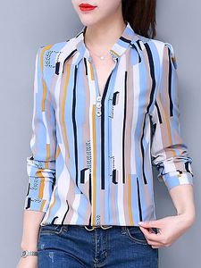 Polyester Turn Down Collar Printed Striped Long Sleeve Blouses