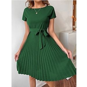 Women's Casual Dress Summer Dress Plain Dress Midi Dress Lace up Pleated Street Date Elegant Streetwear Round Neck Short Sleeve Regular Fit Burgundy Green Light Green Color S M L Size Lightinthebox