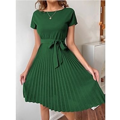 Women's Casual Dress Summer Dress Plain Dress Midi Dress Lace up Pleated Street Date Elegant Streetwear Round Neck Short Sleeve Regular Fit Burgundy Green Light Green Color S M L Size Lightinthebox