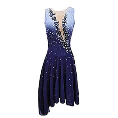 Figure Skating Dress Women's Girls' Ice Skating Dress Blue Stretchy Training Competition Skating Wear Thermal Warm Crystal  Rhinestone Sleeveless Ice Skating Figure Skating Lightinthebox