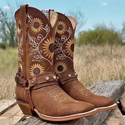 Women's Boots Cowboy Boots Plus Size Cowgirl Boots Outdoor Daily Mid Calf Boots Buckle Embroidery Block Heel Chunky Heel Square Toe Vintage Casual Minimalism Faux Leather PU Loafer Floral Light Brown Lightinthebox