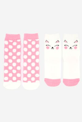 Kids Girls 2 Pack Cozy Critter Crew Cat Socks White/Pink Kids Girls 2 Pack Cozy Critter Crew Cat Socks White/Pink