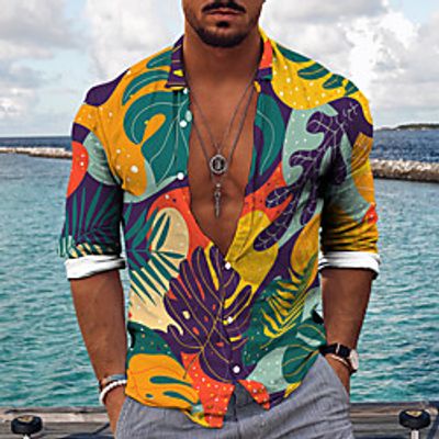 Men's Shirt 3D Print Leaves Turndown Daily Holiday 3D Print Button-Down Long Sleeve Tops Casual Fashion Breathable Green Lightinthebox