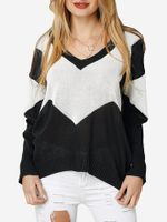 Loose Patchwork V-neck Long Sleeve Women Sweater