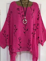 Round Neck Loose Fitting Print Blouses - thumbnail