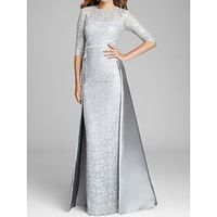 Sheath  Column Mother of the Bride Dress Wedding Guest Elegant Jewel Neck Floor Length Satin Lace Half Sleeve with Ruching Solid Color 2023 Lightinthebox - thumbnail