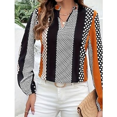 Women's Shirt Blouse Polka Dot Lantern Sleeve Orange Print Long Sleeve Work Fashion V Neck Regular Fit Spring   Fall Lightinthebox