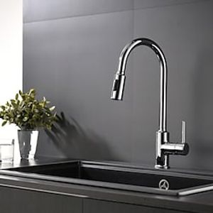 Kitchen Faucet with Pull-out Spray,Brass Single Handle One Hole ChromeBlackElectroplated  Painted Finishes Tall  High Arc  Modern Contemporary Kitchen Taps Lightinthebox