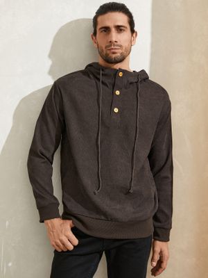 Men Corduroy Plain Half Button Pocket Drawstring Hoodie Men Corduroy Plain Half Button Pocket Drawstring Hoodie