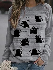 Round Neck Cat Print Long Sleeve T-shirt