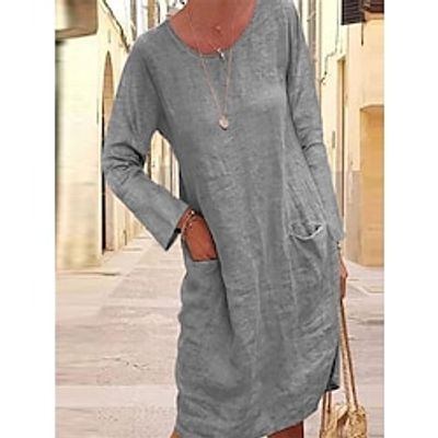 Women's Casual Dress T Shirt Dress Tee Dress Linen Dress Mini Dress Black Blue Grey Long Sleeve Pure Color Pocket Winter Fall Spring Crew Neck Fashion Daily Vacation Fall Dress 2023 S M L XL 2XL 3XL Lightinthebox
