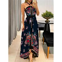 cross-border new 2021 summer women's printed sleeveless asymmetric leisure holiday halter ethnic style dress Lightinthebox - thumbnail