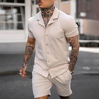 Men's 2 Piece Shirt Set Summer Set Button Up Shirt Casual Shirt khaki Short Sleeve Plain Lapel Daily Vacation Clothing Apparel Fashion Casual Comfortable Lightinthebox