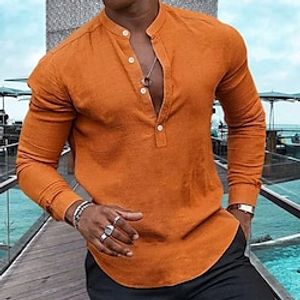 Men's Shirt Linen Shirt Casual Shirt Summer Shirt Beach Shirt Henley Shirt Black White Pink Long Sleeve Plain Henley Spring  Summer Casual Daily Clothing Apparel Lightinthebox