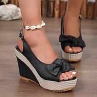 Women's Heels Sandals Wedge Sandals Daily Bowknot Platform Pointed Toe Peep Toe Casual Minimalism Denim Cloth Ankle Strap Black Blue Lightinthebox