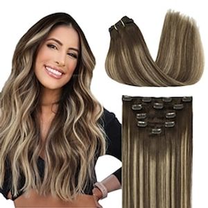Clip in Hair Extensions Real Human Hair 5pcs 80g Balayage Chocolate Brown to Honey Blonde 18 Inch DOORES Hair Extensions Clip in Natural Straight Hair Extensions Lightinthebox